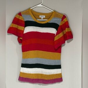 Evereve Mustard, Blue, Pink, Red, Blue, and Black Striped Knit Top. Size L.